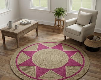 Hand Braided Jute Round Area Rug: Pink Bohemian Decor