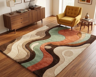 Abstract Wavy Tufted Rug, Modern Organic Area Rug, Boho Earth Tone Home Decor