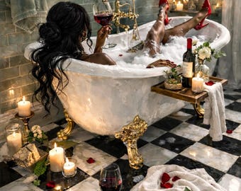 May include: A luxurious bathroom scene with a clawfoot tub filled with bubbles. A person is relaxing in the tub, holding a glass of red wine. Red high heels are visible. Candles, flowers, and a bottle of wine are on a tray. The floor is black and white checkered.
