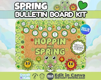 Hoppin Into Spring Frog Bulletin Board Kit | Preschool Kindergarten Classroom Decor (Editable Canva Printable)