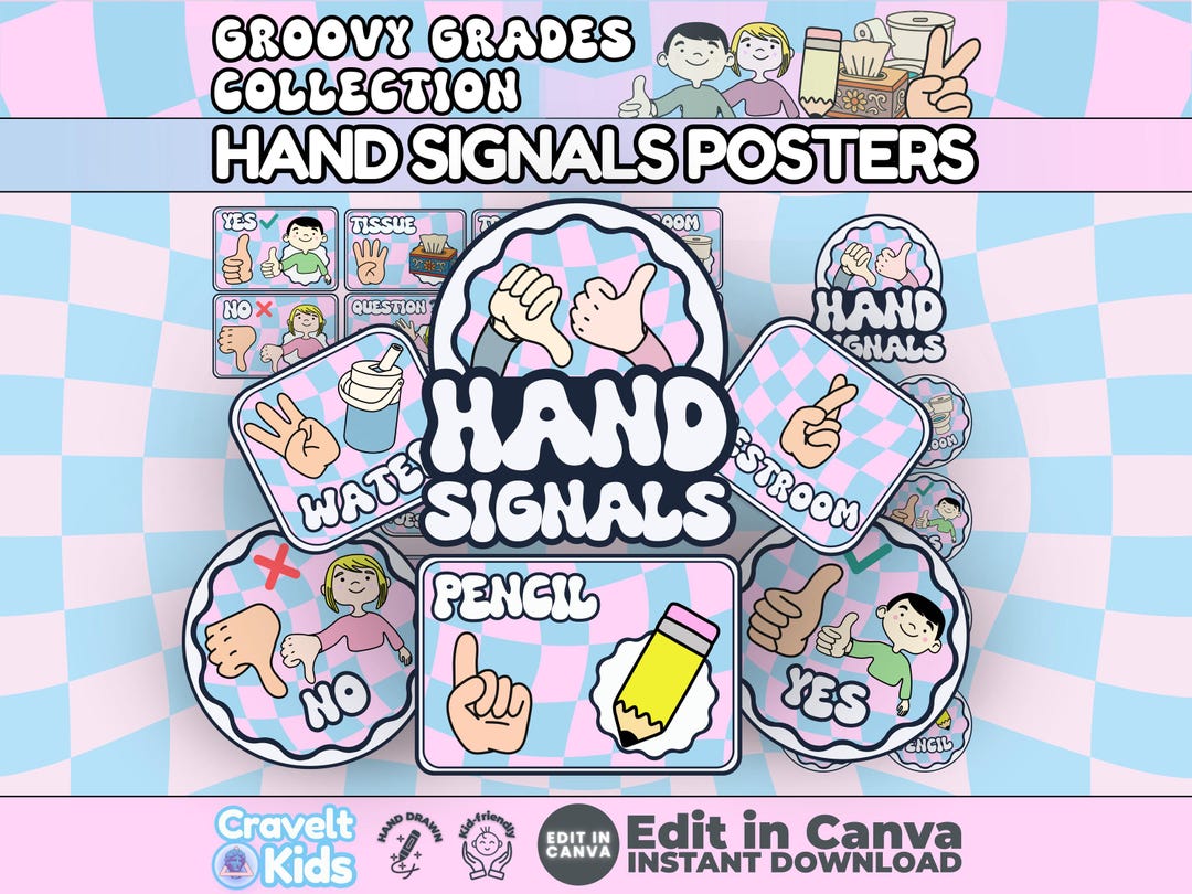 Groovy Classroom Hand Signals Posters | Retro Editable Canva Template ...