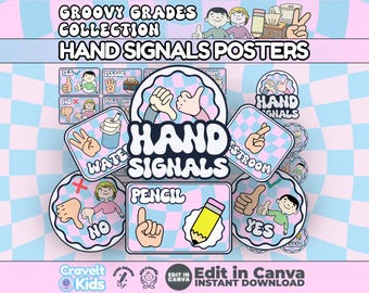 Groovy Classroom Hand Signals Posters | Retro Editable Canva Template (Digital Download)