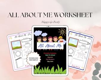 May include: Digital printable "All About Me" worksheet template. The design features a black background with green grass, a sun, and cartoon children. The worksheet includes sections for name, age, favorite food, and more. The text "Download Instantly" is also visible.