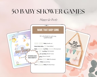 May include: Digital baby shower games displayed on tablets. The games include "50 Baby Shower Games" and "Name That Baby Song." The text "Download Instantly" is also visible. The overall theme is baby shower activities.