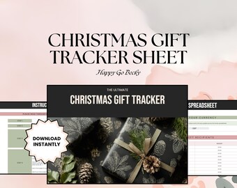 Puede incluir: Una hoja de seguimiento de regalos de Navidad digital con el texto "CHRISTMAS GIFT TRACKER SHEET" y "DOWNLOAD INSTANTLY". La imagen incluye un regalo envuelto con una piña y vegetación.
