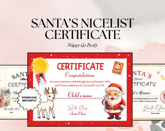 Pode incluir: Um certificado de Natal da lista de bons do Pai Natal com uma borda vermelha, apresentando um Pai Natal de desenho animado, uma rena e um boneco de neve. O certificado inclui o texto "Parabéns" e "Nome da criança".