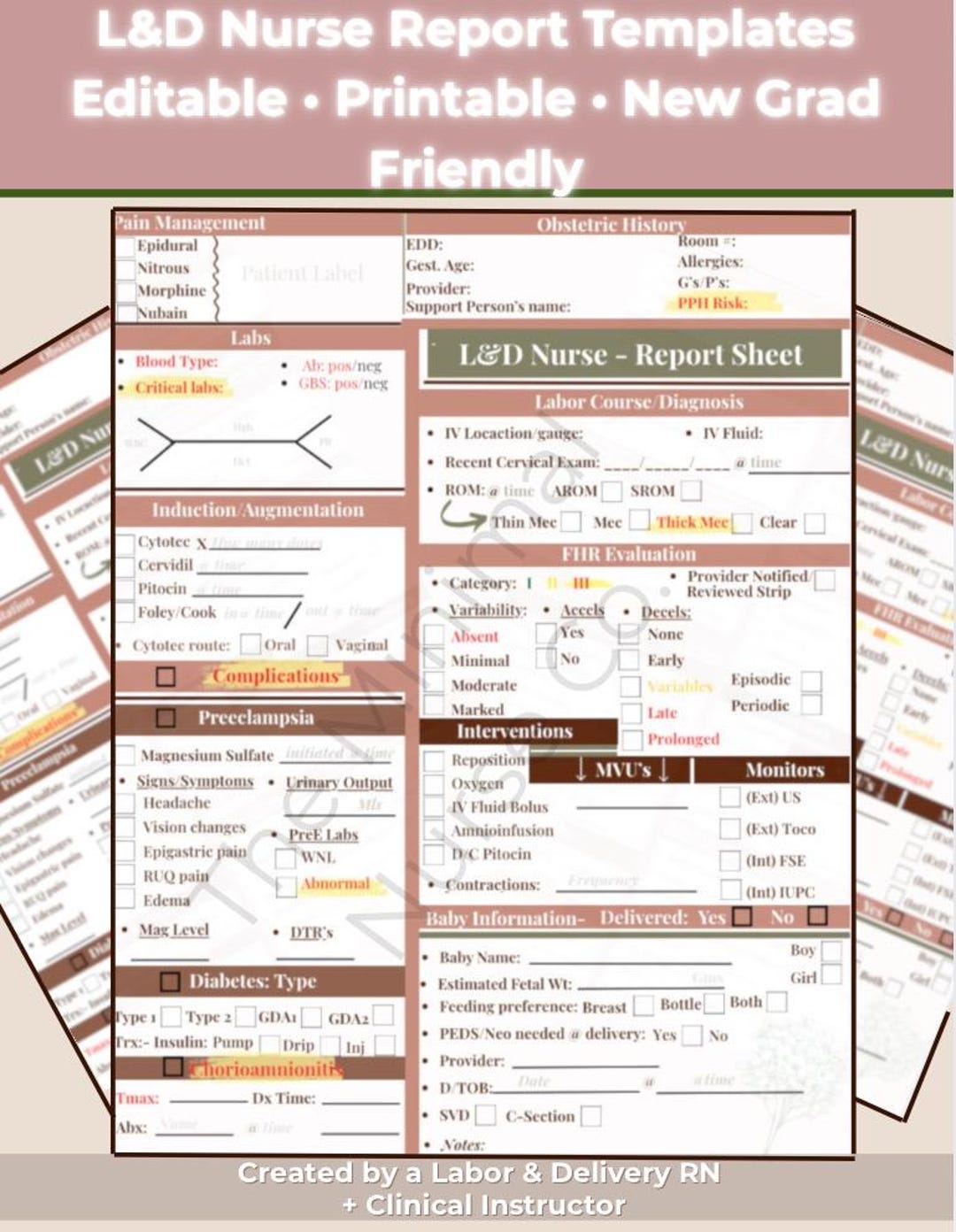 Ob Lab Template Labor and Delivery Report Sheet | OB Nurse Handoff Template | Printable ...