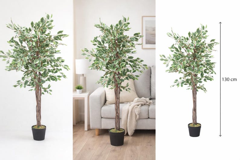 May include: Artificial ficus tree with green and white leaves, in a black pot. The tree has a brown trunk and stands approximately 51 inches tall. The tree is a decorative element for indoor spaces.