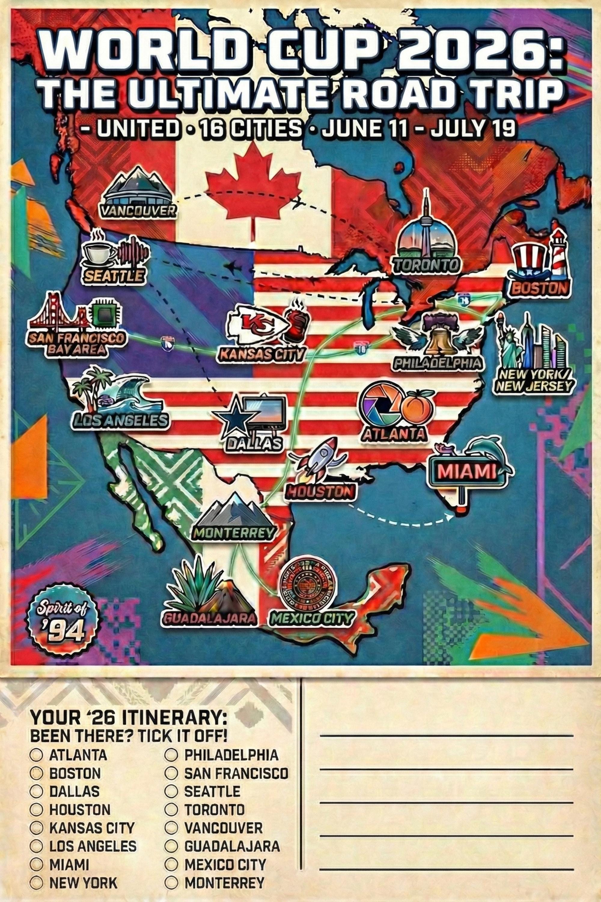 Discover World Cup 2026 Stadiums Map Postcard  Illustrated Host Cities: USA, Canada, Mexico Poster
