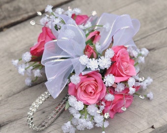 Pink rose corsage, wedding flowers, wedding corsage, prom corsage, wrist corsage, rose corsage, silk wedding flowers, rhinestone bracelet.