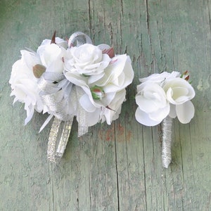 white rose corsage, wedding flowers, wedding corsage, prom corsage, wrist corsage, rose corsage, silk wedding flowers, rhinestone bracelet