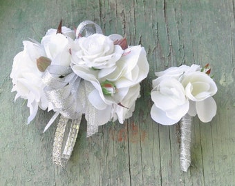 white rose corsage, wedding flowers, wedding corsage, prom corsage, wrist corsage, rose corsage, silk wedding flowers, rhinestone bracelet