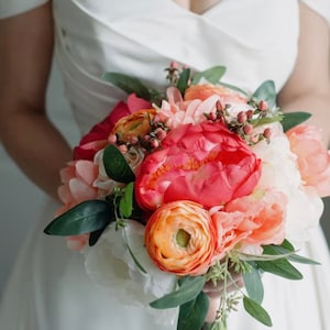 wedding bouquet wedding flowers bridal bouquet boho eucalyptus peony ranunculus rose silk flowers destination wedding coral wedding flowers