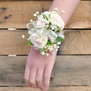 Ivory rose corsage, wedding flowers, wedding corsage, prom corsage, wrist corsage, rose corsage, silk wedding flowers, rhinestone bracelet.