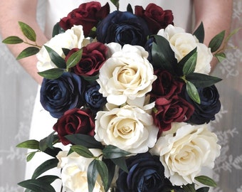 Cascade bridal bouquet, Wedding Flower Bouquet, Wedding Flowers, Bridal Bouquet, 4th of July Wedding, Navy Blue Bouquet, Burgundy Flowers