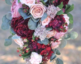 Cascade Bridal Bouquet, Dusty Rose, Rose Gold, Red, Bride Bouquet, Bridal Flowers, Silk Flower Bouquet, Custom Wedding Package, Burgundy