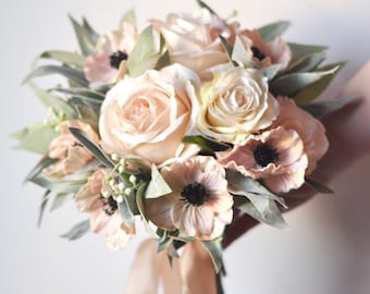 wedding bouquet, wedding flowers, bridal bouquet, boho, eucalyptus, poppy, anemone, rose, silk flowers, destination wedding, wedding, blush