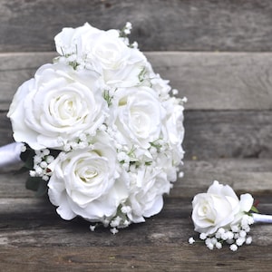 White Rose Bouquet Boho Bouquet White Bridal Bouquet Baby Breath Silk Wedding Flowers Wedding Bouquet Set Destination Wedding Artificial
