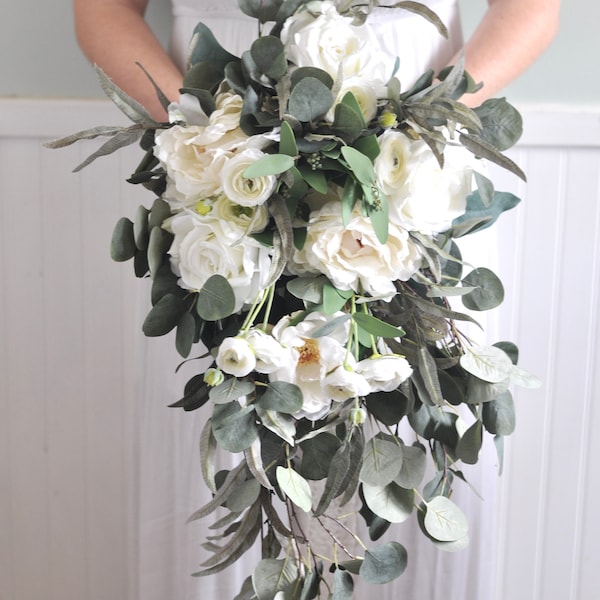 Cascade bridal bouquet, Wedding Flower Bouquet, Wedding Flowers, Bridal Bouquet, Eucalyptus, White Bouquet, Bridesmaid Bouquet,White Flowers