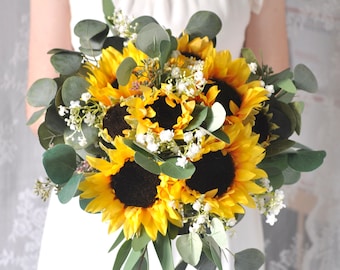 Bouquet di girasole, Bouquet di Boho, Bouquet della sposa, Eucalipto, Fiori da sposa di seta, Fiori di nozze, Bouquet di nozze, Girasole, Bouquet da sposa