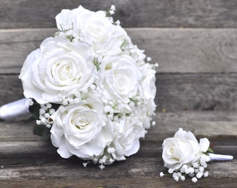 White Rose Bouquet Boho Bouquet White Bridal Bouquet Baby Breath Silk Wedding Flowers Wedding Bouquet Set Destination Wedding Artificial