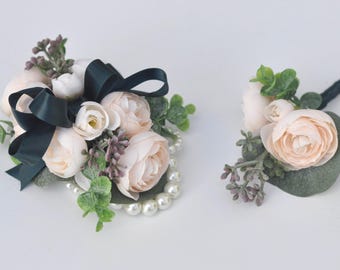 Corsage set, wrist corsage, boutonniere, prom corsage, bridal shower corsage, corsages, flower corsage, shower corsage, silk flowers