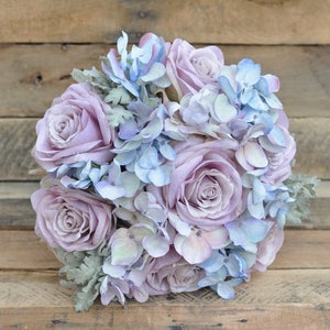 Wedding Bouquet, Silk Bridal Bouquet, Wedding, made with Lavender Roses, Lavender Hydrangea, Blue Hydrangea and Dusty Miller.