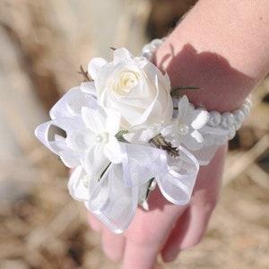 Corsage, wrist corsage, wedding corsage, prom corsage, bridal shower corsage, corsages, flower corsage, shower corsage, silk flowers image 1