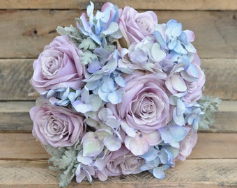 Wedding Bouquet, Silk Bridal Bouquet, Wedding, made with Lavender Roses, Lavender Hydrangea, Blue Hydrangea and Dusty Miller.
