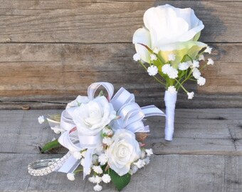 white rose corsage, wedding flowers, wedding corsage, prom corsage, wrist corsage, rose corsage, silk wedding flowers, rhinestone bracelet.