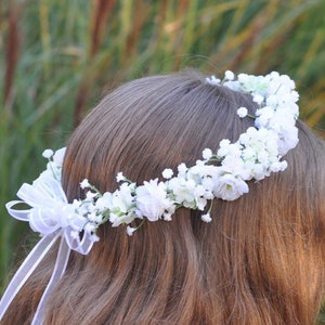 White Satin Floral Hair Crown for Girls, First Communion & Flower Girl main image 1