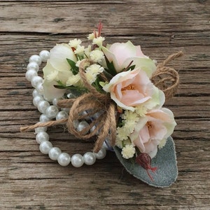 Blush rose corsage, wedding flowers, wedding corsage, prom corsage, wrist corsage, rose corsage, silk wedding flowers, rhinestone bracelet.