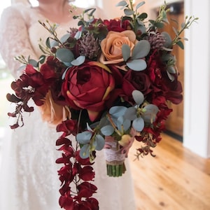 Cascade Bouquet, Burgundy Bouquet, Wedding Bouquet, Bridal Flowers, Blush Roses, Brial Bouquet, Silk Flower Wedding Bouquet, Silk Flowers