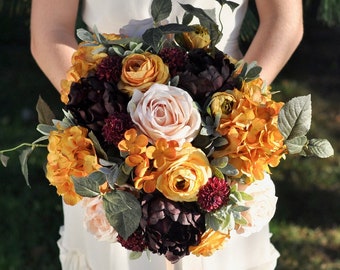 wedding bouquet, wedding flowers, bridal flowers, yellow flowers, burgundy roses, fall bouquet, autumn wedding, mustard yellow bouquet.