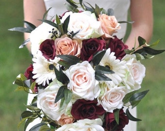 Cascade bridal bouquet, Wedding Flower Bouquet, Wedding Flowers, Bridal Bouquet, Burgundy Bouquet, Bridesmaid Bouquet, Burgundy Flowers.