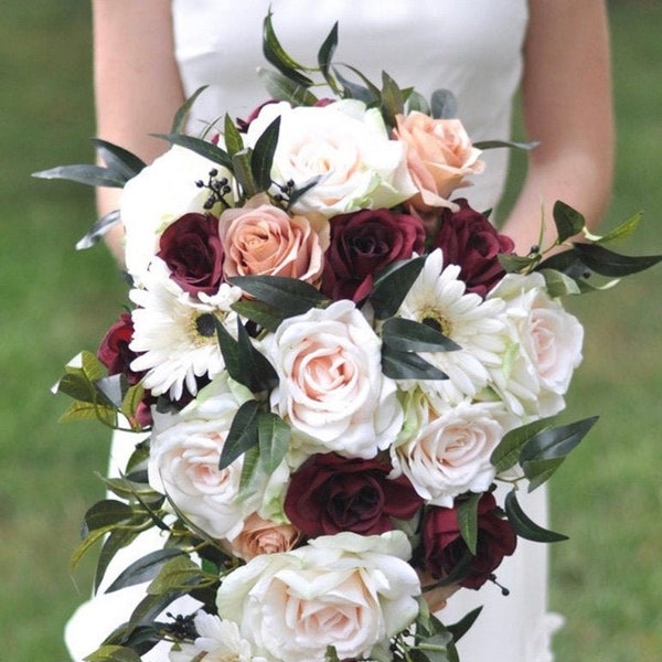 Cascade bridal bouquet, Wedding Flower Bouquet, Wedding Flowers, Bridal Bouquet, Burgundy Bouquet, Bridesmaid Bouquet, Burgundy Flowers.