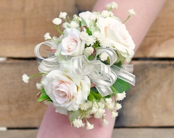 Pink corsage, rose corsage, wedding flowers, wedding corsage, prom corsage, wrist corsage, rose corsage, silk wedding flowers, Pearl corsage