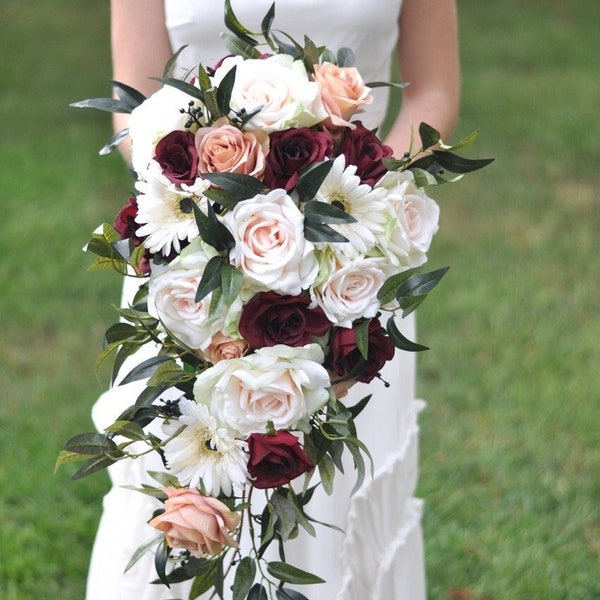 Cascade bridal bouquet, Wedding Flower Bouquet, Wedding Flowers, Bridal Bouquet, Burgundy Bouquet, Bridesmaid Bouquet, Burgundy Flowers.