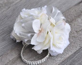 Ivory rose corsage, wedding flowers, wedding corsage, prom corsage, wrist corsage, rose corsage, silk wedding flowers, rhinestone bracelet.