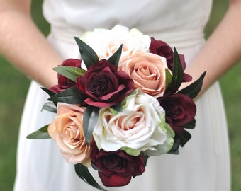 wedding bouquet, wedding flowers, bridal bouquet, rose bouquet, burgundy, blush, mauve, silk flowers, destination wedding, wedding, blush