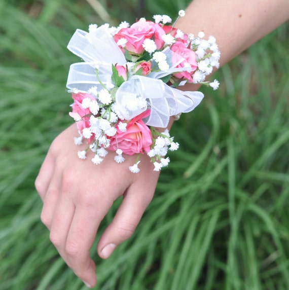 Pink Rose + Babies Breath Corsage  Wedding Corsage 