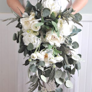 Cascade bridal bouquet, Wedding Flower Bouquet, Wedding Flowers, Bridal Bouquet, Eucalyptus, White Bouquet, Bridesmaid Bouquet,White Flowers