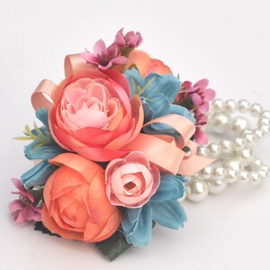 Coral corsage, wrist corsage, wedding corsage, prom corsage, bridal shower corsage, flower corsage, tropical wedding, destination wedding