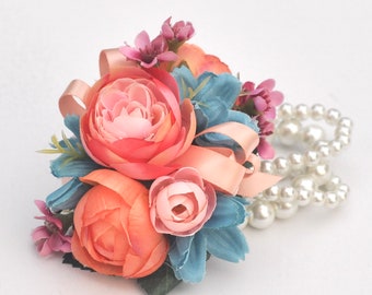 Coral corsage, wrist corsage, wedding corsage, prom corsage, bridal shower corsage, flower corsage, tropical wedding, destination wedding