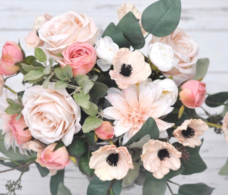 Boho Bouquet Blush Pink Bridal Silk and Real Touch Wedding Flowers Eucalyptus Peony Rose Poppy Dahlia Anemone Wedding Bouquet