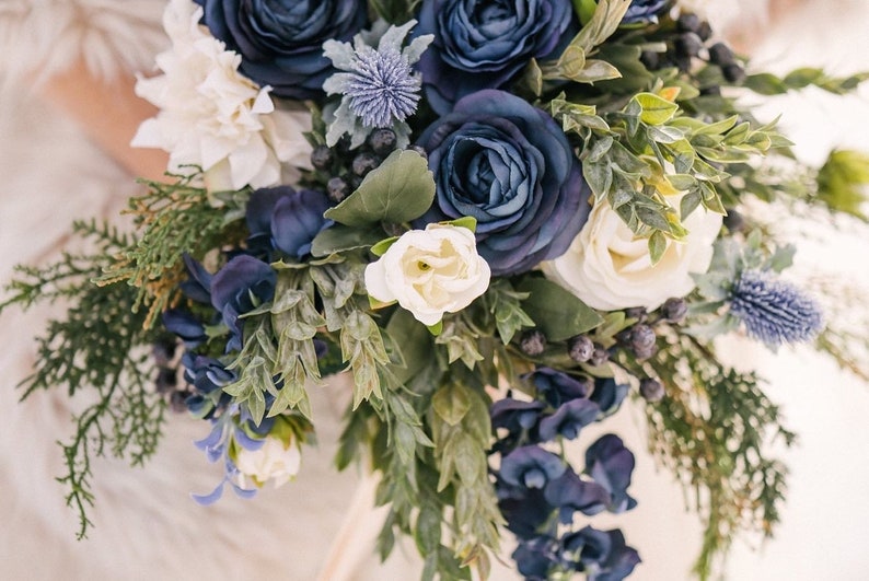 Blue wedding bouquet, wedding flowers, bridal flowers, peony bouquet, eucalyptus, outdoor wedding, destination wedding, silk flower bouquet image 8