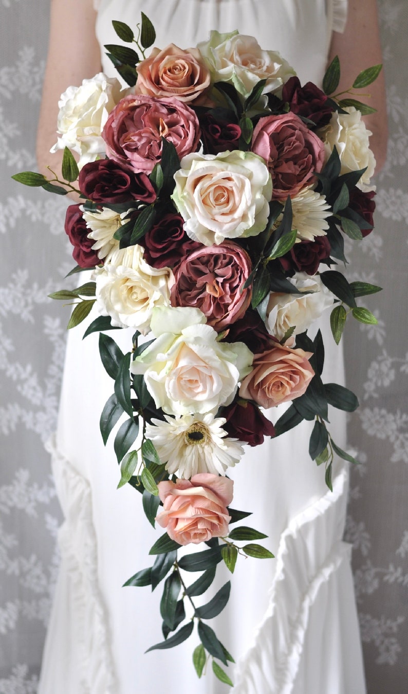 Cascade bridal bouquet, Wine, Dusty Rose, Rose Quartz, Flower Bouquet, Wedding Flowers, Bridal Bouquet, Cascading Bouquet, Bride Bouquet image 3