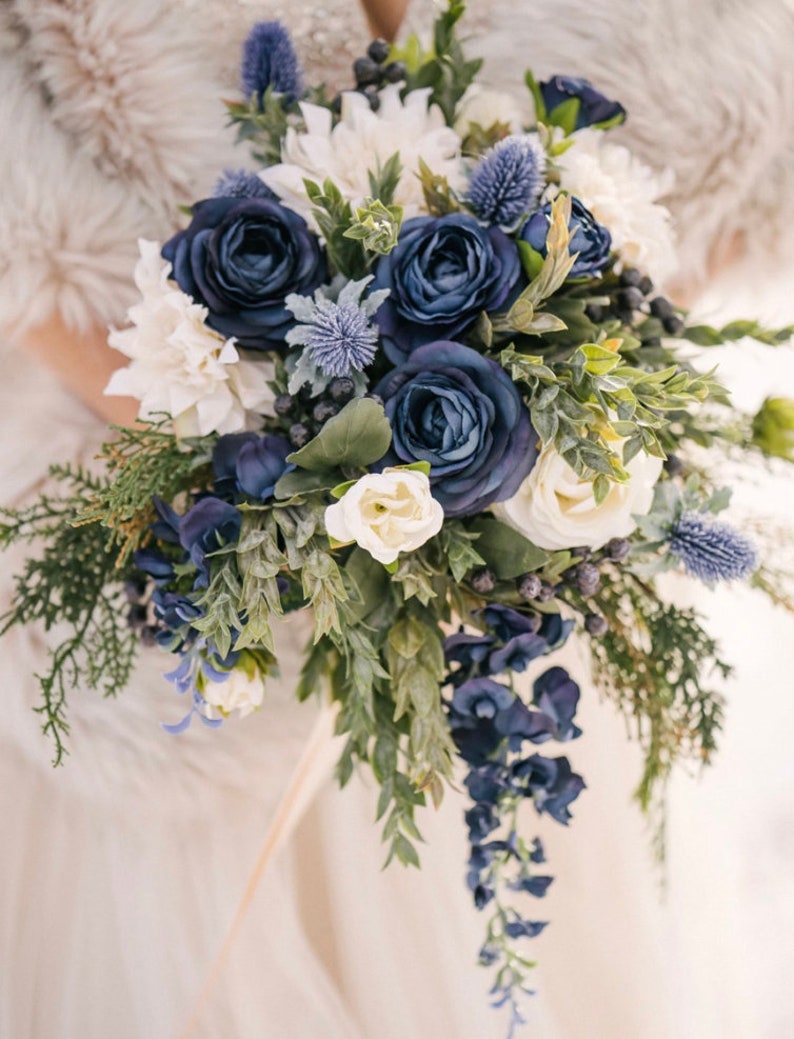 Blue wedding bouquet, wedding flowers, bridal flowers, peony bouquet, eucalyptus, outdoor wedding, destination wedding, silk flower bouquet image 1