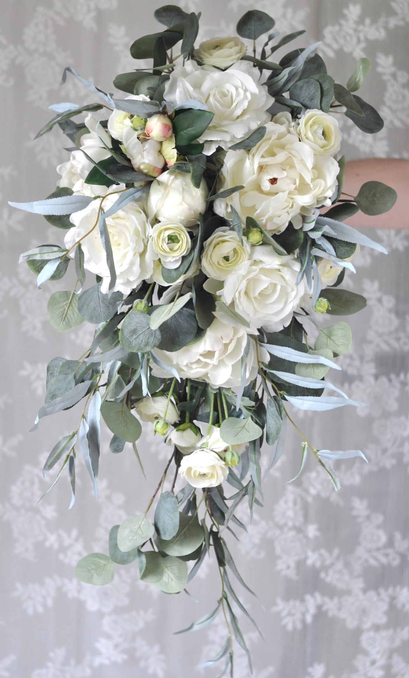 Bouquet Da Sposa Cascata Foresta – Fiori Finti Phalaenopsis Bianco E Viola Con Gocce D’Acqua