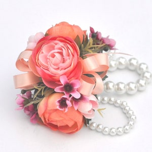 Coral corsage, wrist corsage, wedding corsage, prom corsage, bridal shower corsage, flower corsage, tropical wedding, destination wedding